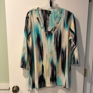 JM Collection Women’s Teal Black Cream Abstract Print V-Neck Top L 3/4 sleeve